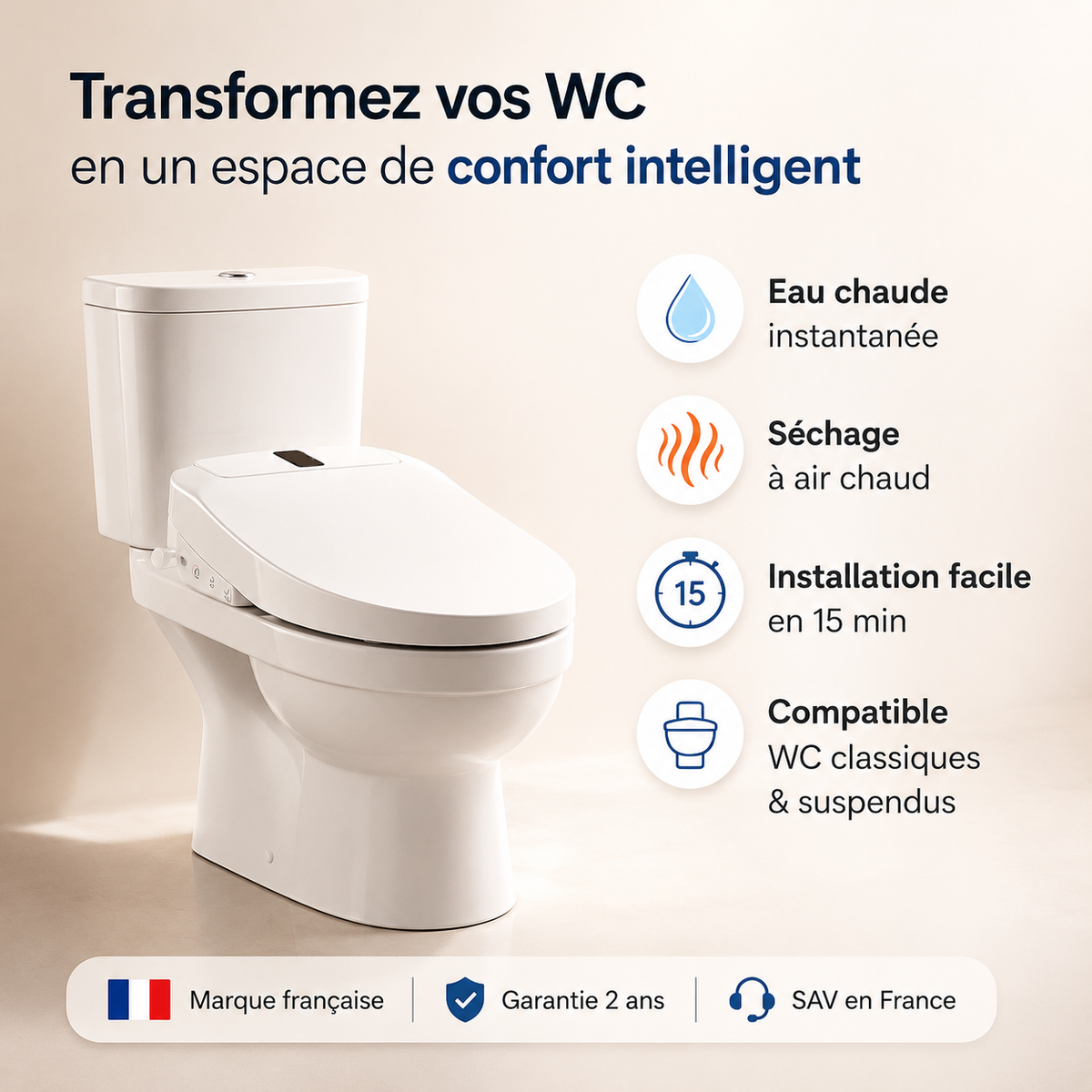 Abattant WC japonais BATIHERO – Eau chaude, siège chauffant & séchage intégré