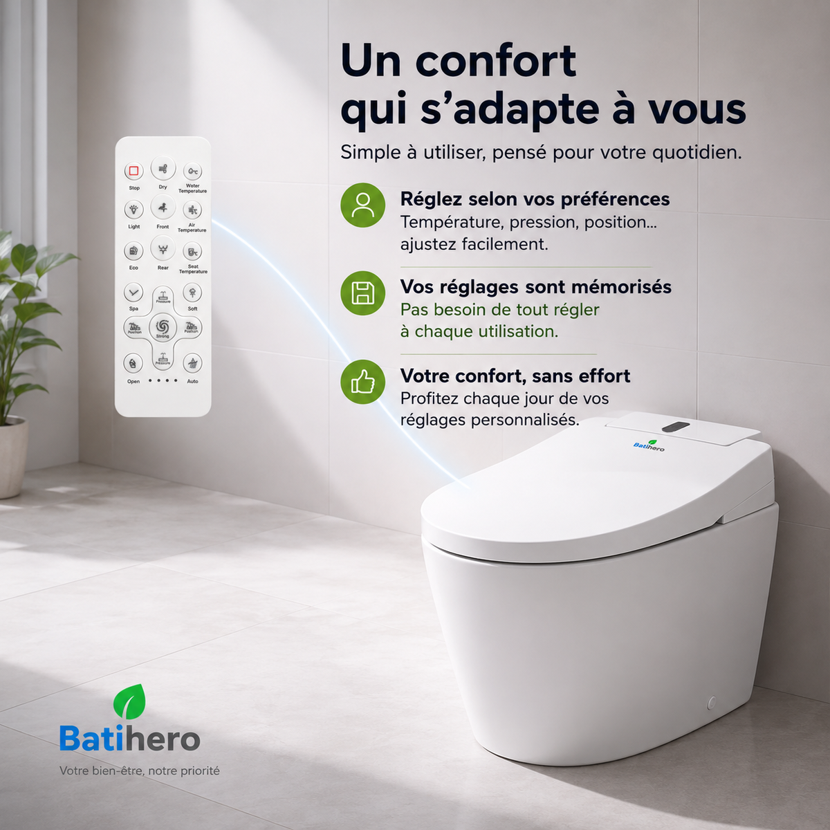 Abattant WC japonais BATIHERO avec télécommande pour un confort personnalisé au quotidien.